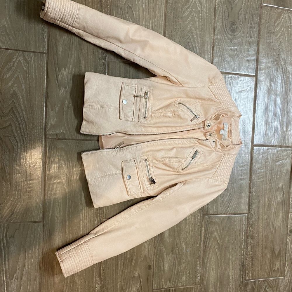 New York & co faux leather moto jacket pink blush xs